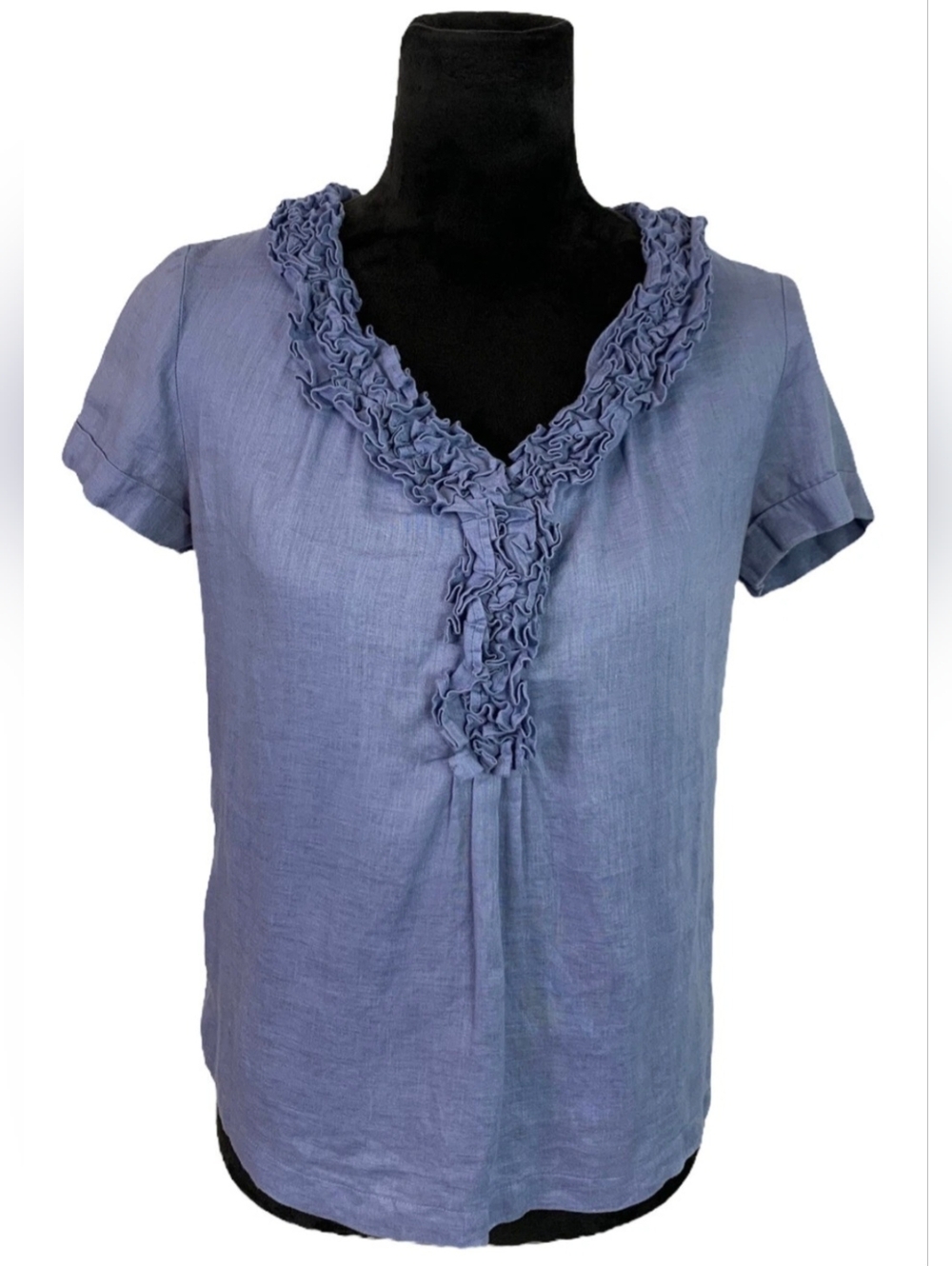 Talbots 100 % Linen Lavender-Blue Gray Grey Ruffle Neck Short Sleeve Top Size 6